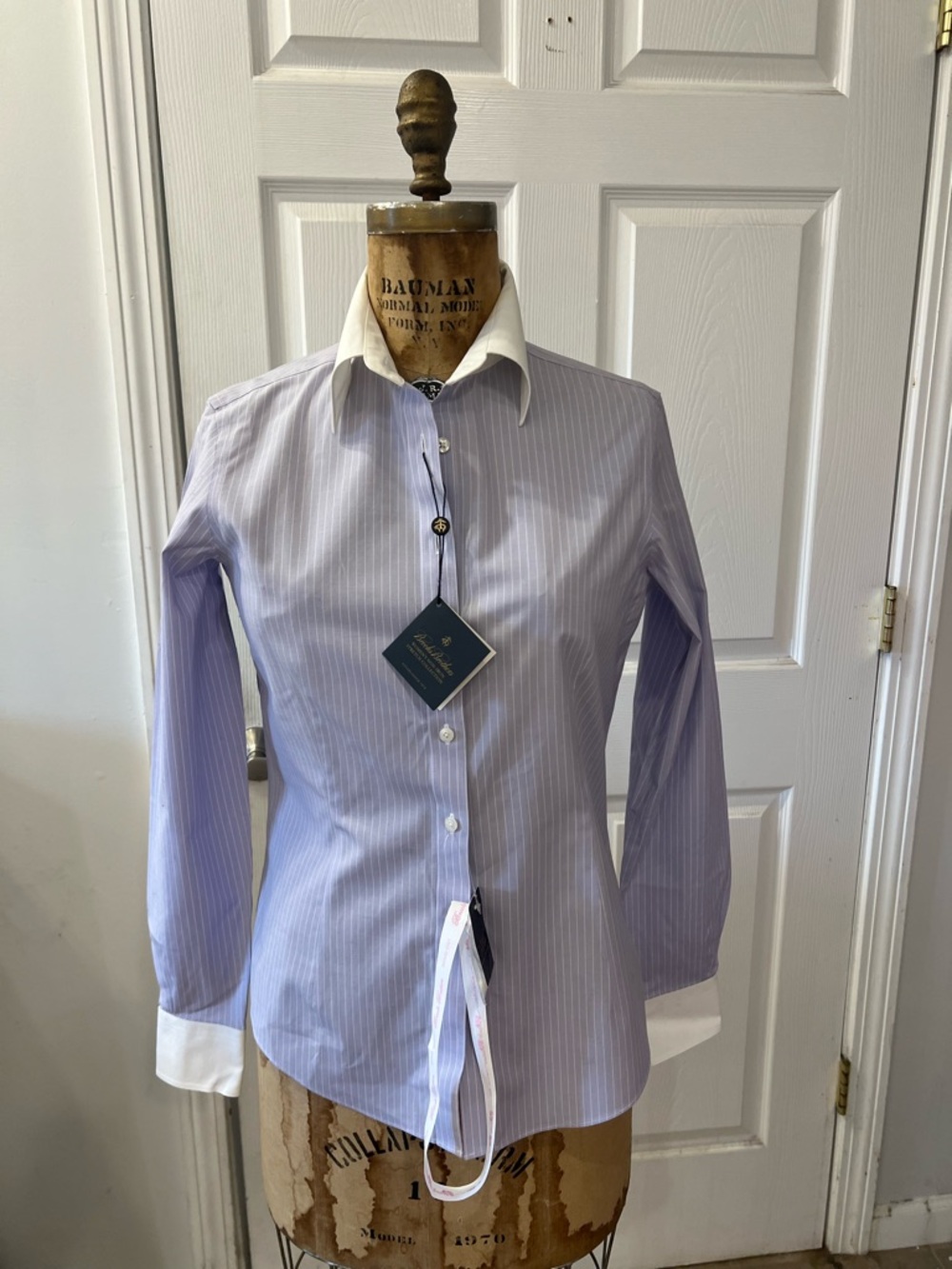 Brooks Brothers womens lavender Pinstripe Dress Shirt with White Contrast Collar